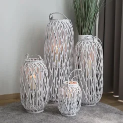Bambuslaterne Mit Glaswindlicht 34X90Cm White-Washed