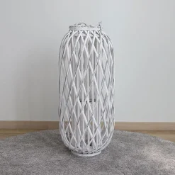 Bambuslaterne Mit Glaswindlicht 31X70Cm White-Washed