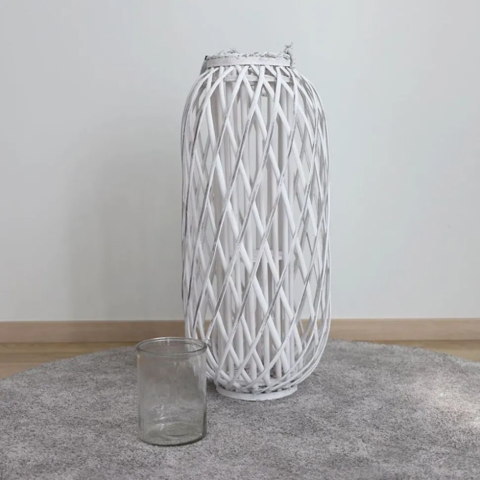 Bambuslaterne Mit Glaswindlicht 31X70Cm White-Washed