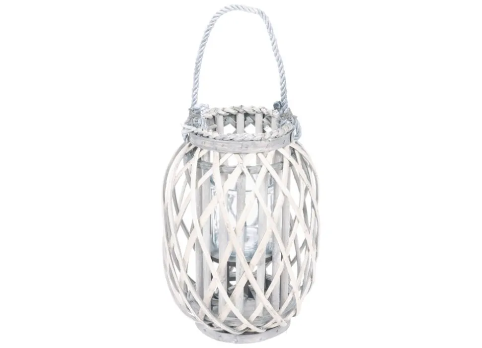 Bambuslaterne Mit Glaswindlicht 23X30Cm White-Washed