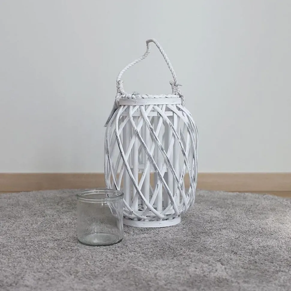 Bambuslaterne Mit Glaswindlicht 23X30Cm White-Washed