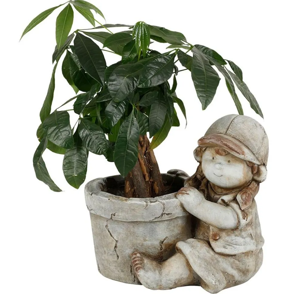 Dekofigur Kind Mit Blumentopf 30X26Cm Grau