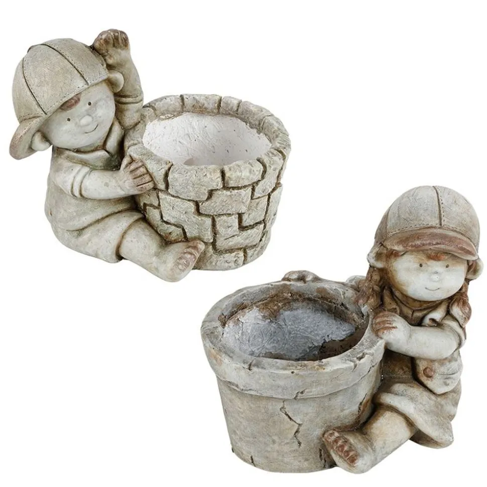 Dekofigur Kind Mit Blumentopf 30X26Cm Grau