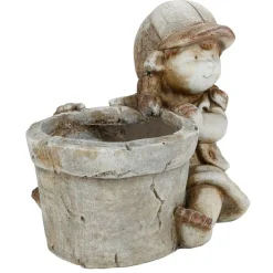 Dekofigur Kind Mit Blumentopf 30X26Cm Grau