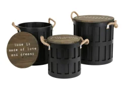 3Er-Set Sitztonnen Aus Metall Mit Holzdeckel Schwarz