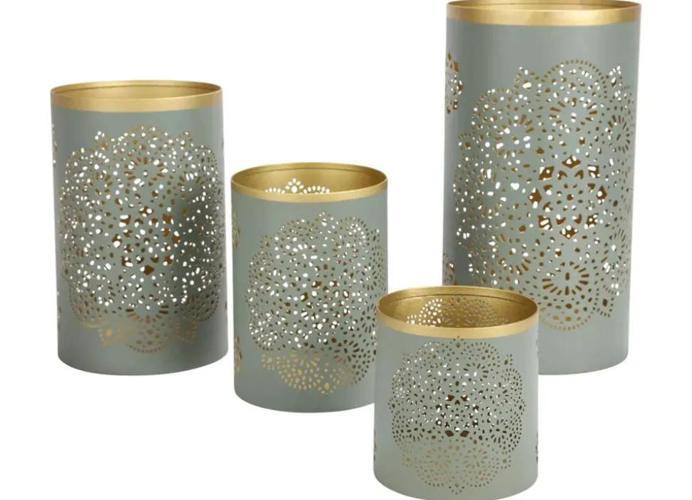 Saulen-Windlichter Aus Metall Blaugrau/Gold 4Er-Set
