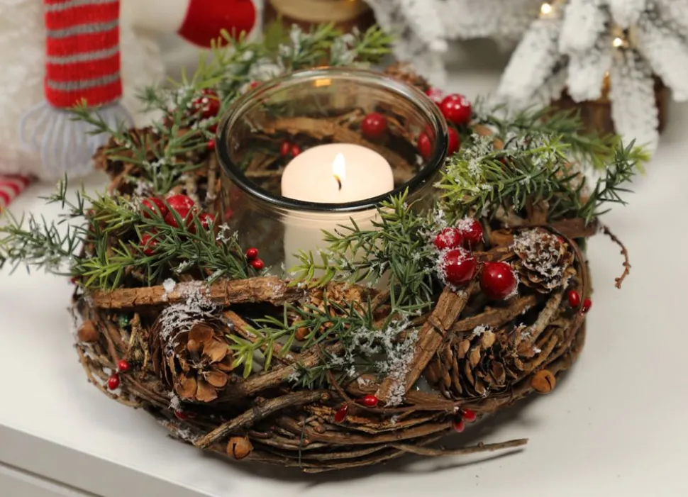 Weiden-Kranz Mit Windlicht Und Roten Beeren 22Cm