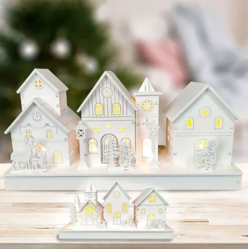 Weihnachtliches Led-Dekodorf Aus Holz Weis